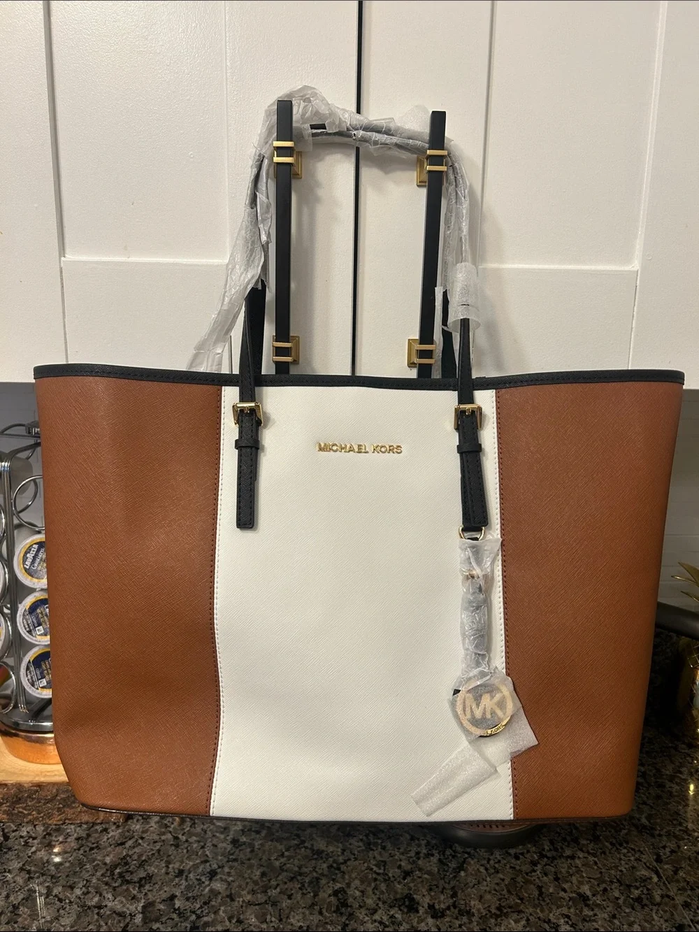 Michael Kors Two-Tone Saffiano Leather Tote in Brown, White and Black Trim